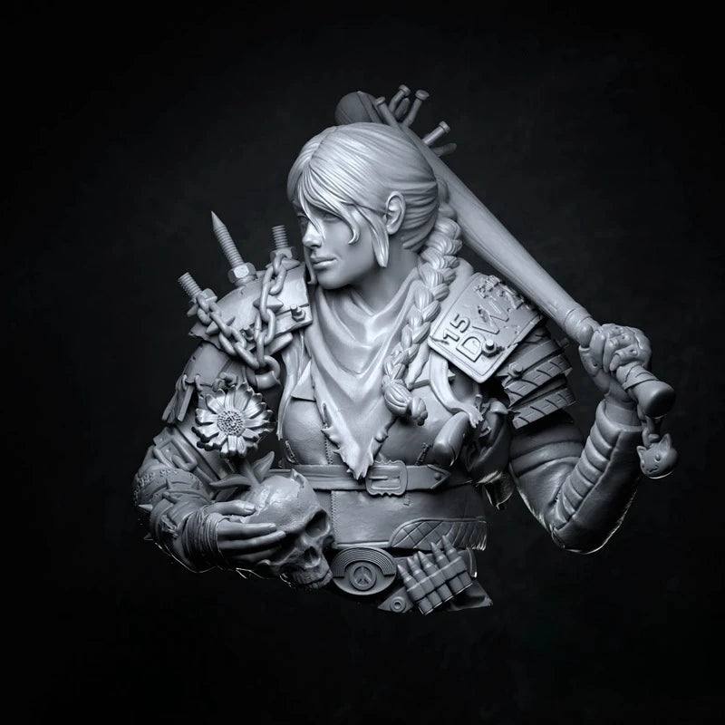 1/12 Female Warrior with Ornate Spiked Armor and Poleaxe, Resin Model Bust Kit, Fantasy Theme, Unassembled and Unpainted