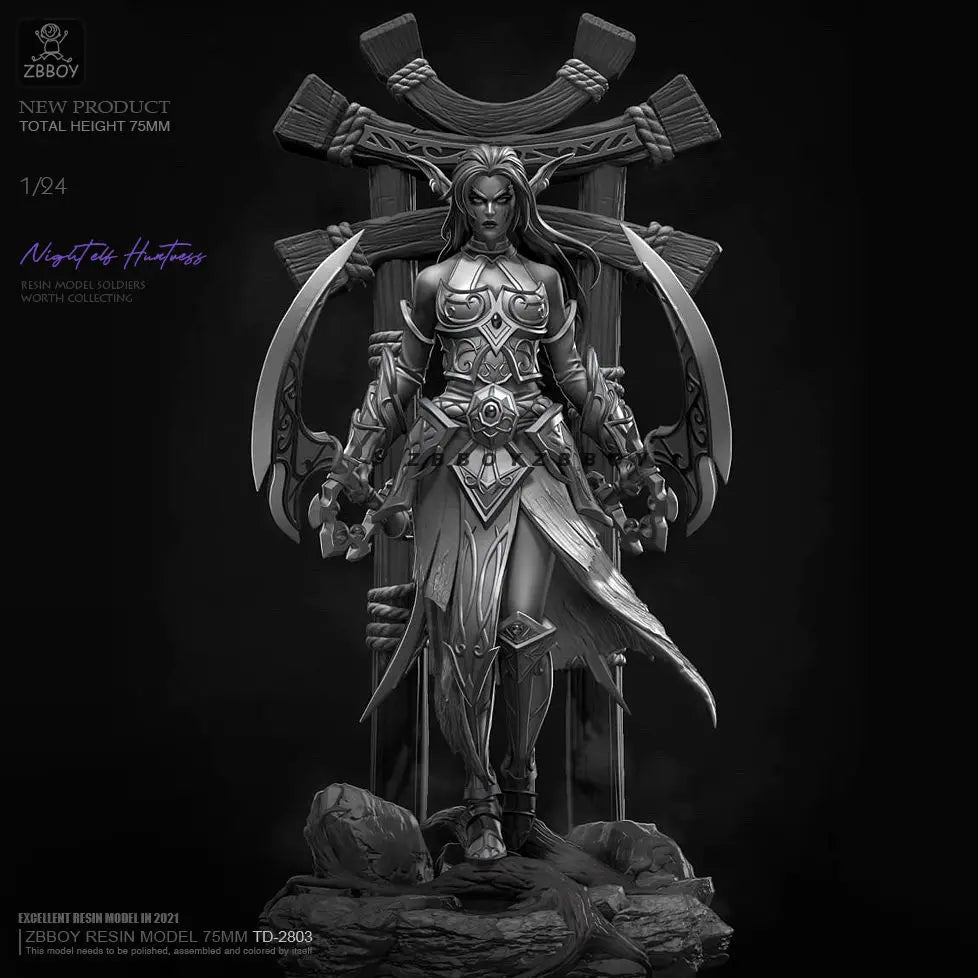 75mm Night Elf Female Hunter, Resin Model Figure Kit, Fantasy Theme, Unassembled and Unpainted