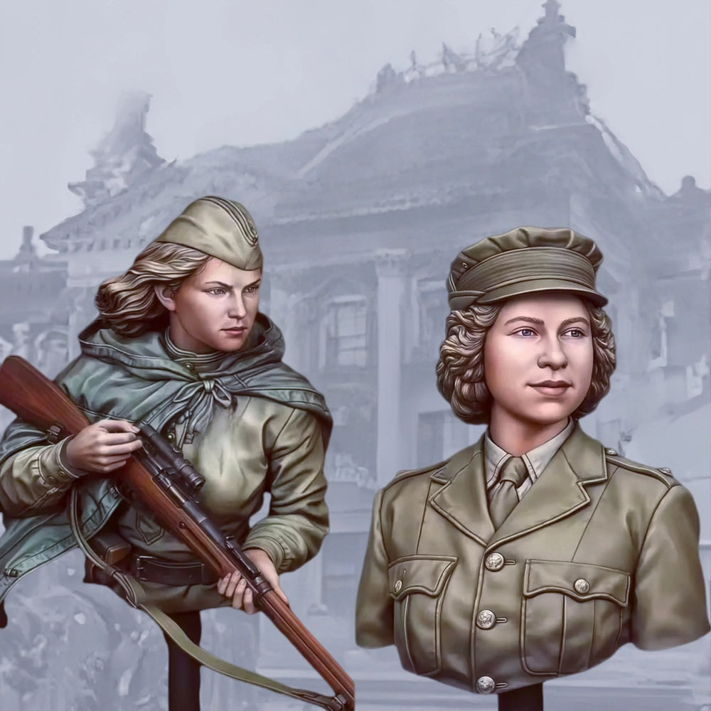 1/10 WWII German Female Soldier, 2 Figures, Resin Model Bust Kit, Unassembled and Unpainted