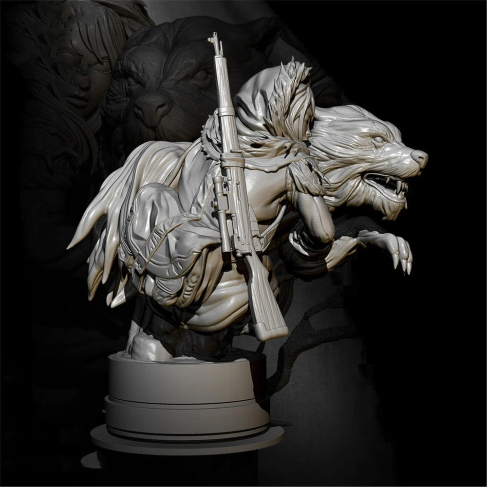 1/12 Ancient Hunter Girl with Wolf, Resin Model Bust Kit, Fantasy Theme, Unassembled and Unpainted
