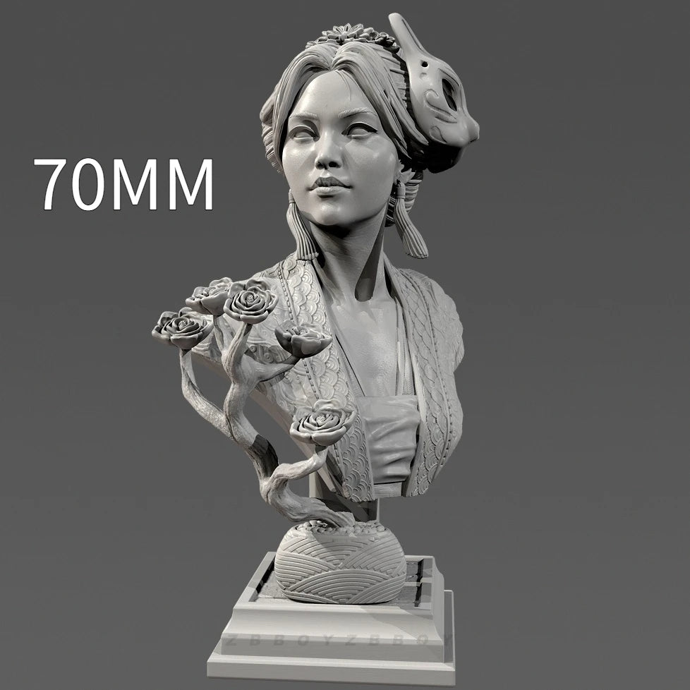90mm Asian Woman with Elaborate Hair Ornaments and Flowers, Resin Model Bust Kit, Fantasy Theme, Unassembled and Unpainted
