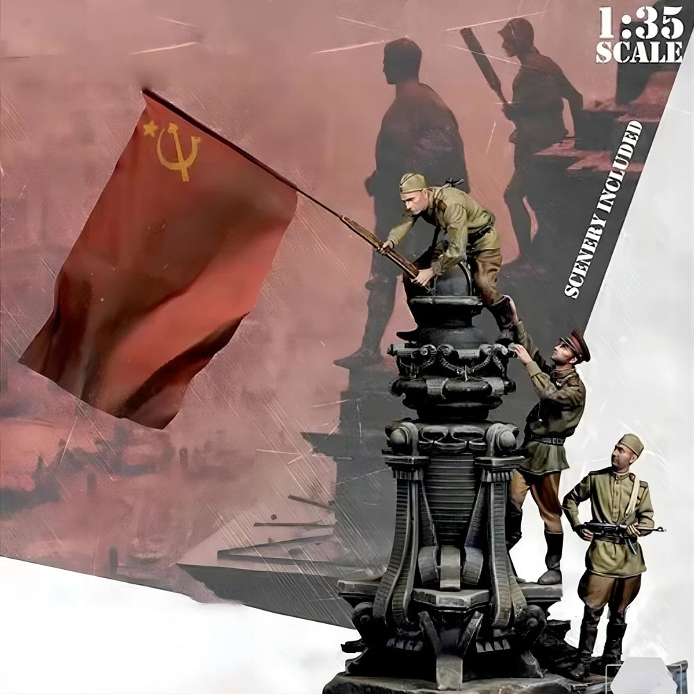 1/35 WWII Soviet Red Army with Flag, 3 Figures, Resin Model Figure Kit, Unassembled and Unpainted