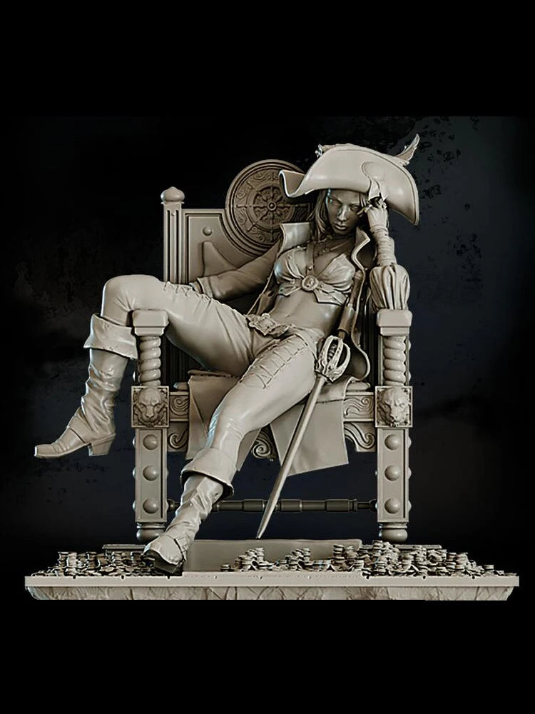 1/24 Horned Female Warrior Seated on Ornate Throne, Resin Model Figure Kit, Fantasy Theme, Unassembled and Unpainted