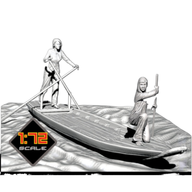 1/72 Vietnam War Women with Sampan Boat, 3 Figures, Resin Model Diorama Kit, Unassembled and Unpainted