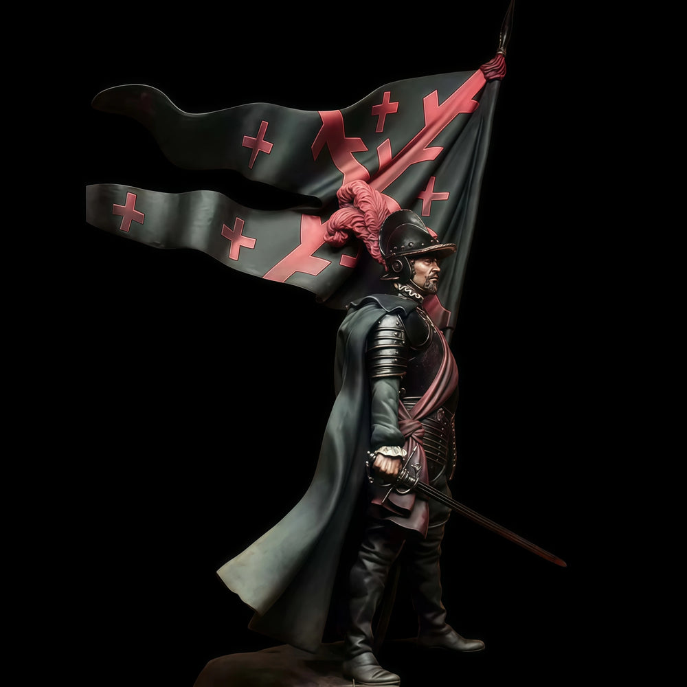 1/24 Medieval Knight with Red and Black Heraldic Banner, Resin Model Figure Kit, Unassembled and Unpainted