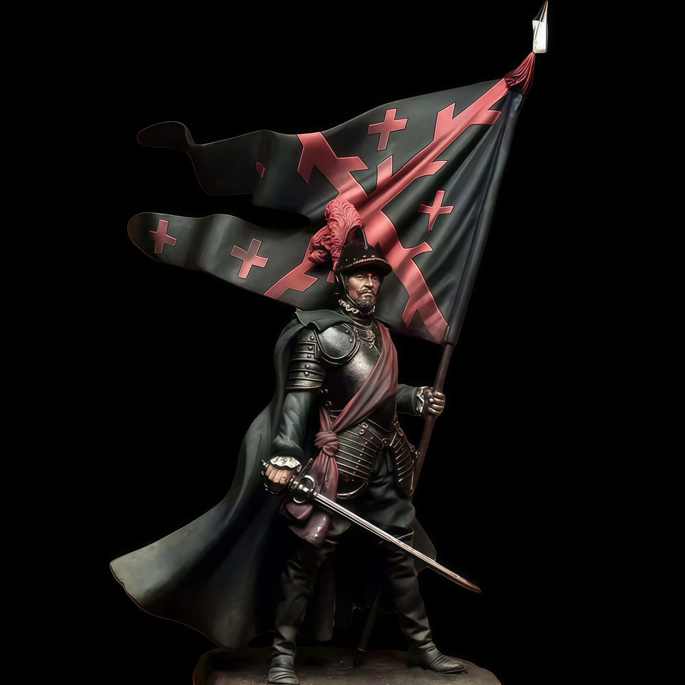 1/24 Medieval Knight with Red and Black Heraldic Banner, Resin Model Figure Kit, Unassembled and Unpainted