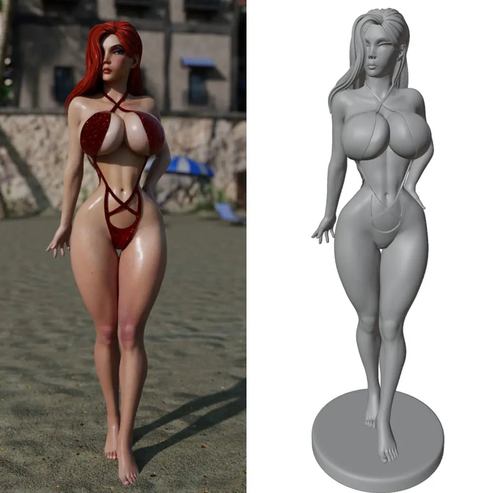 1/24 Standing Female with Long Wavy Hair, Resin Model Figure Kit, Unassembled and Unpainted