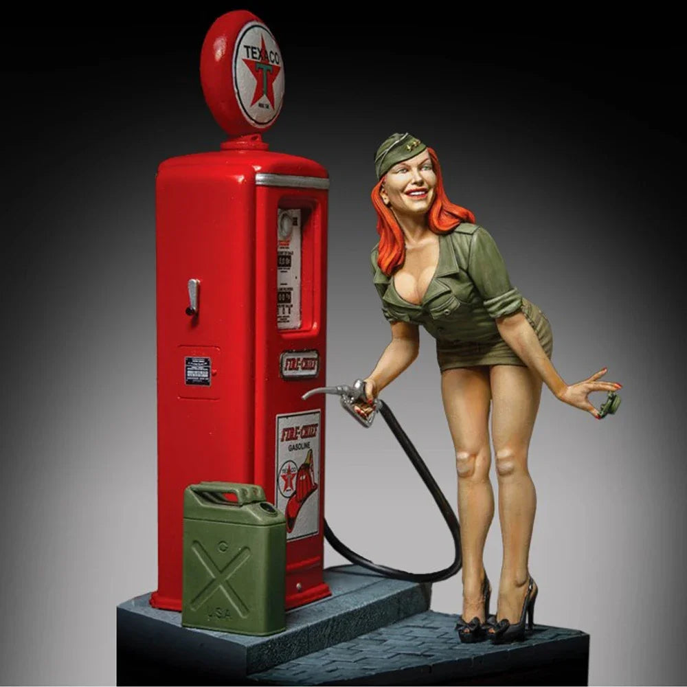 75mm 1950s Pin-up at Gas Pump, Resin Model Figure Kit, Unassembled and Unpainted