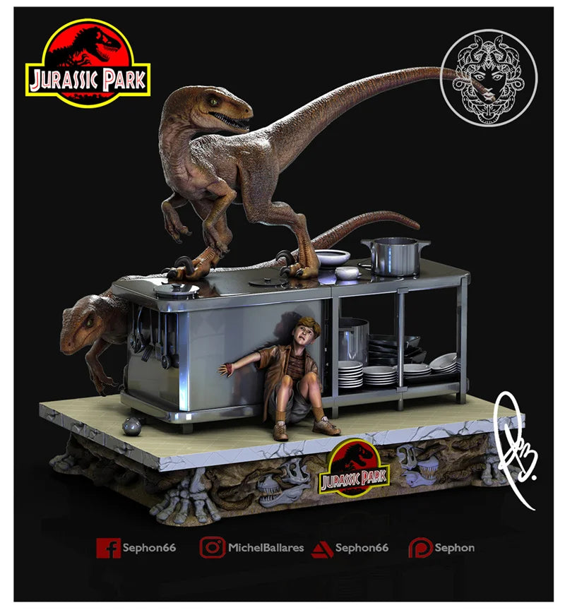 1/18 Jurassic Park Kitchen Dinosaur, 5 Figures, Resin Model Diorama Kit, Sci-Fi Theme, Unassembled and Unpainted