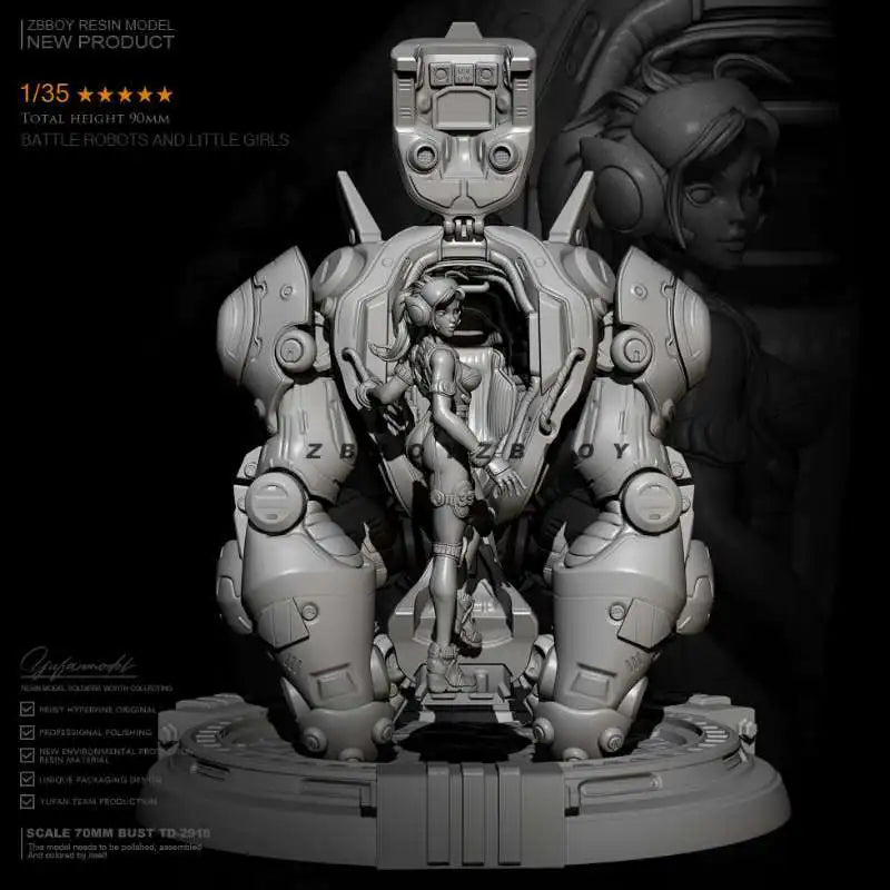 1/35 Mecha Robot with Girl, 2 Figures, Resin Model Figure Kit, Sci-Fi Theme, Unassembled and Unpainted