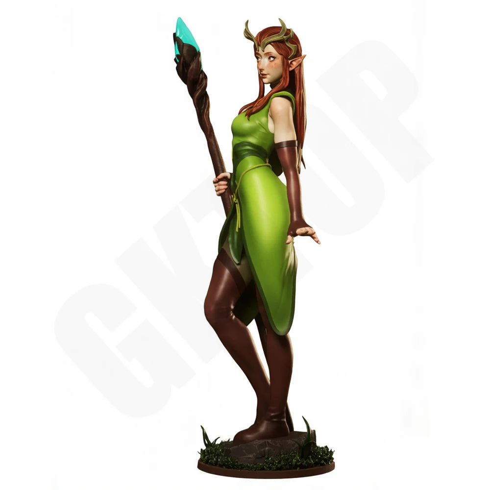 1/24 Horned Elf Sorceress in Green with Staff, Resin Model Figure Kit, Fantasy Theme, Unassembled and Unpainted