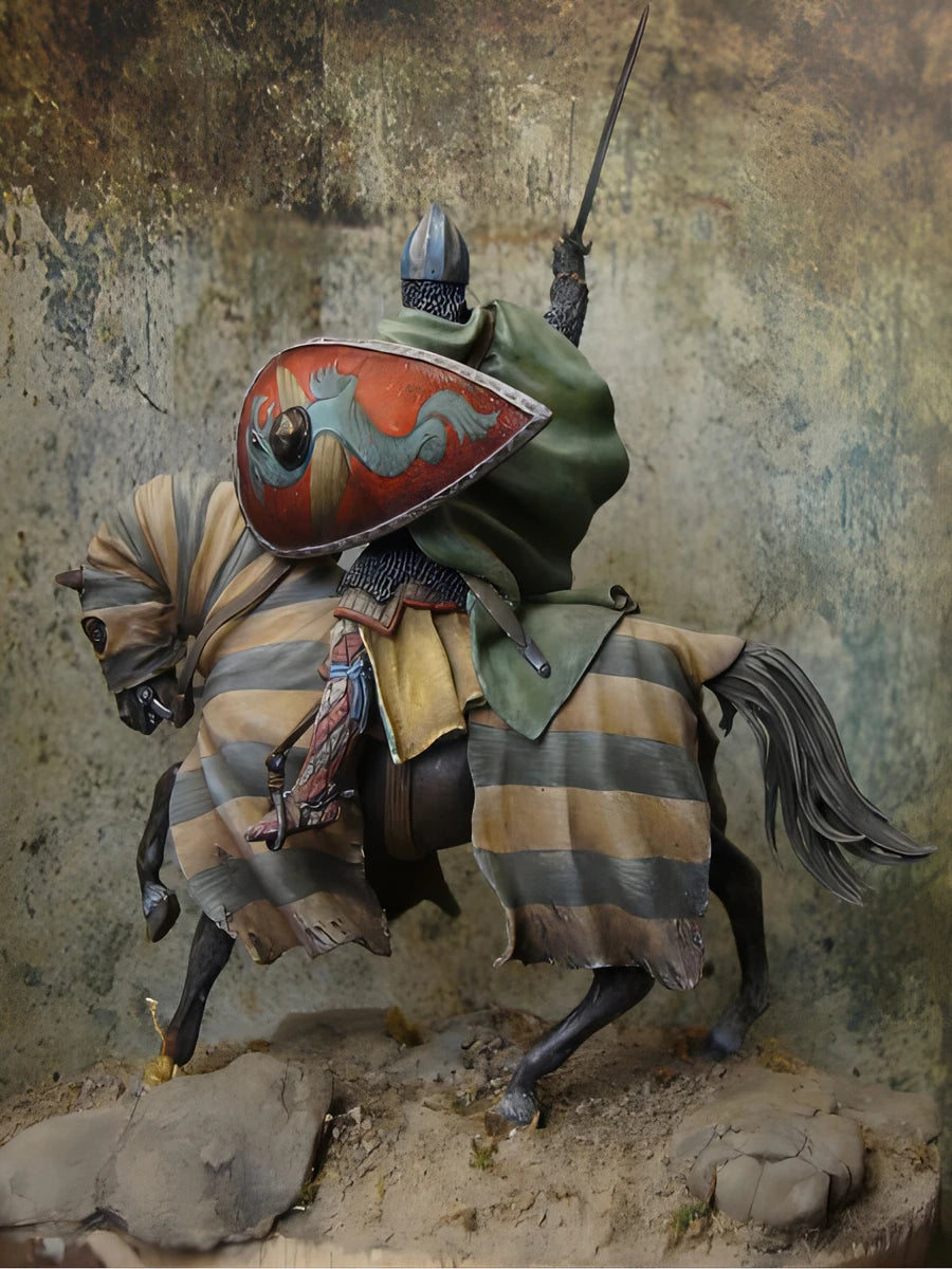1/32 Medieval Knight Wielding Poleaxe on Horseback, Resin Model Figure Kit, Unassembled and Unpainted