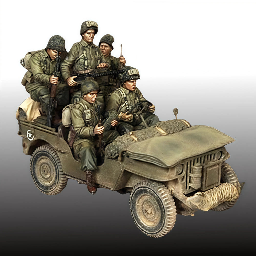 1/35 WWII Infantry Squad Assaulting with Armed Jeep, 5 Figures, Resin Model Diorama Kit, Unassembled and Unpainted