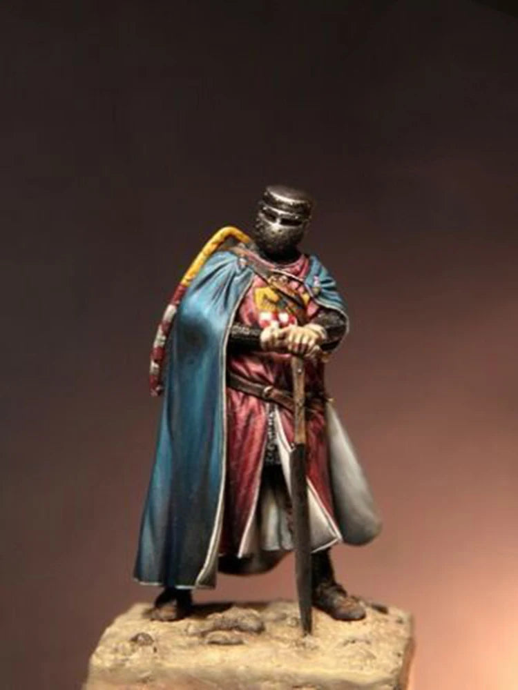 54mm Medieval Knight in Blue Cloak and Crimson Tunic, Resin Model Figure Kit, Unassembled and Unpainted