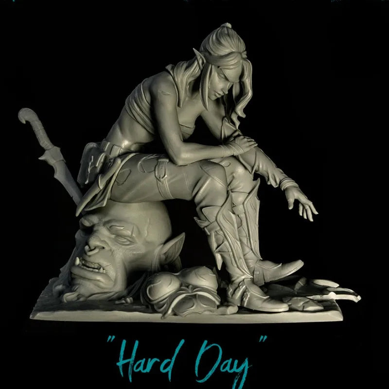 1/24 Hard Day Female Elf Warrior & Demons, 4 Figures, Resin Model Figure Kit, Fantasy Theme, Unassembled and Unpainted