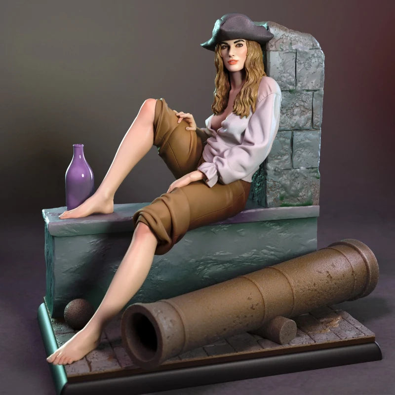 1/24 Barefoot Corsair Woman in Tricorn at Fort, Resin Model Figure Kit, Fantasy Theme, Unassembled and Unpainted