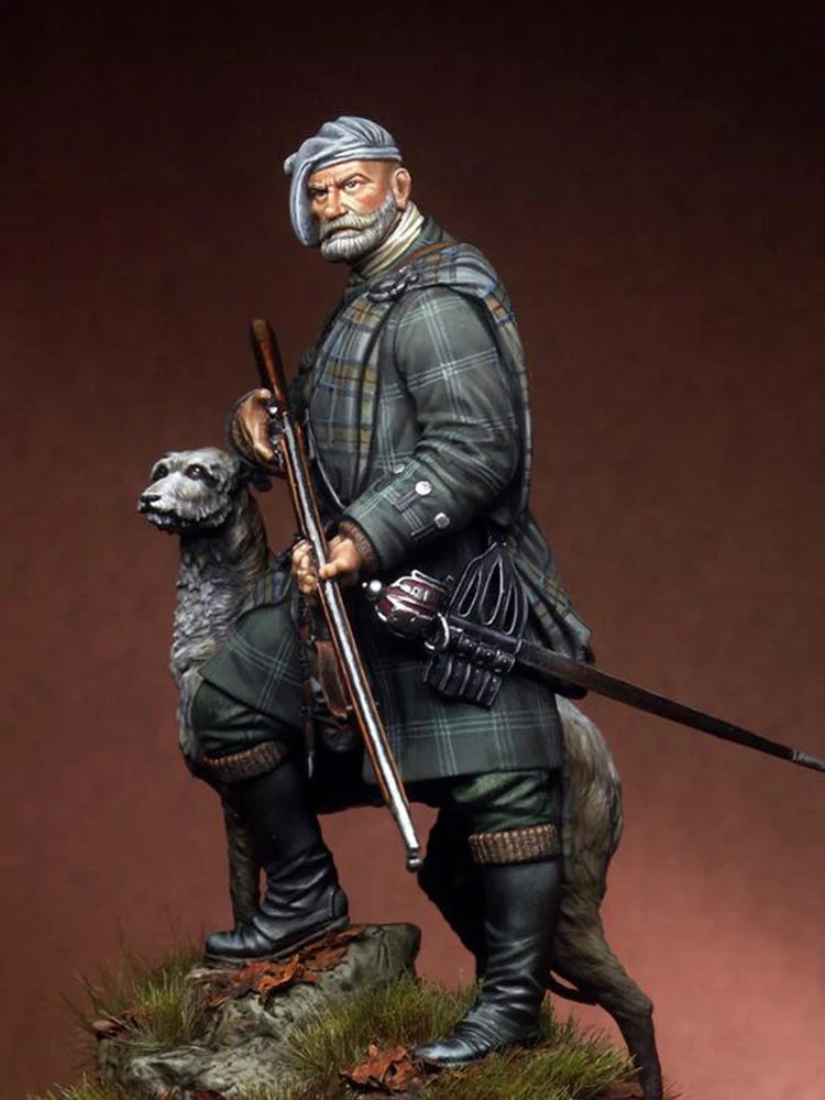 1/24 Medieval Scottish Highlander with Musket and Dog, Resin Model Figure Kit, Unassembled and Unpainted