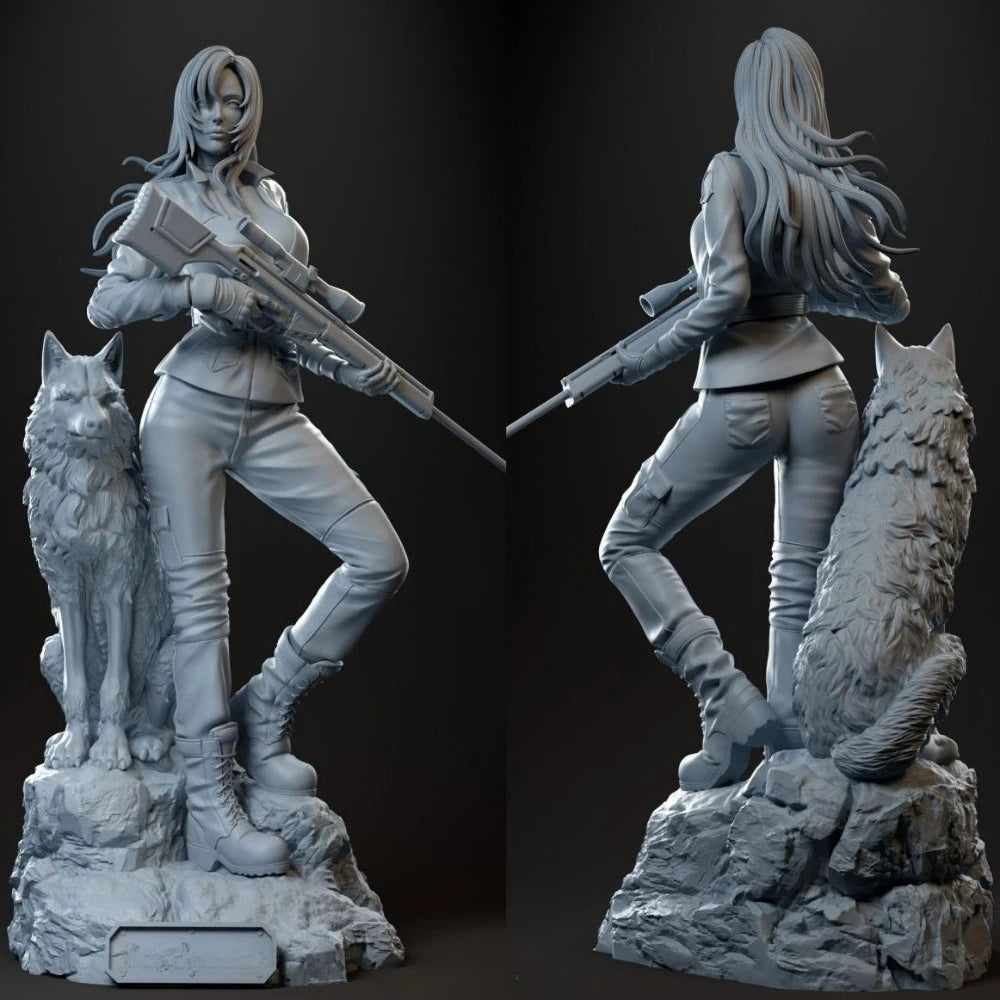 Modern Female Sniper with Wolf, 2 Figures, Resin Model Figure Kit, Unassembled and Unpainted