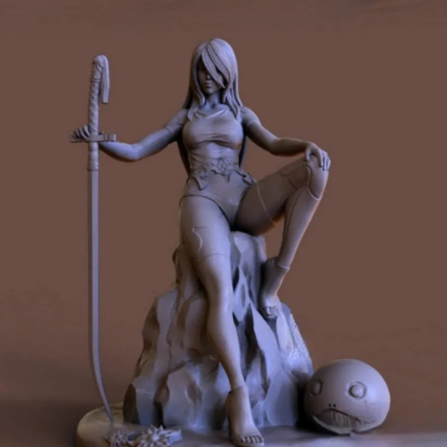 75mm Medieval Sorceress Wielding Staff on Stone Base, Resin Model Figure Kit, Unassembled and Unpainted