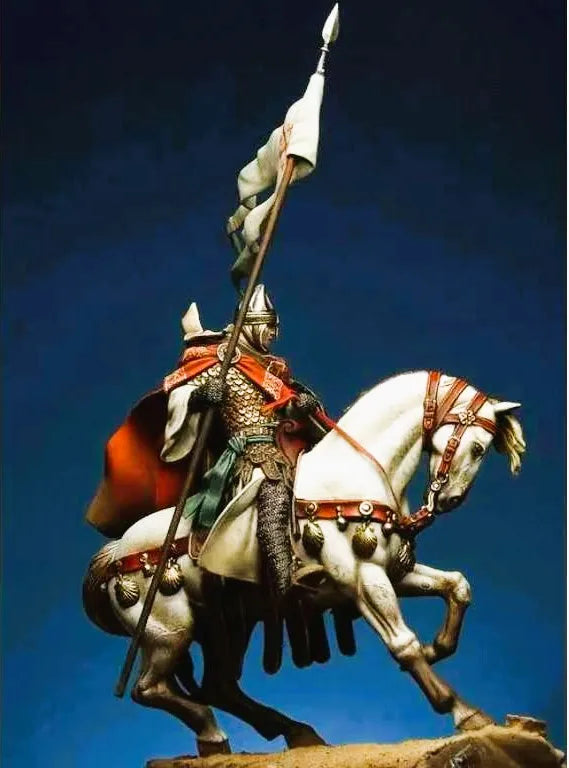 1/32 Medieval Crusader Knight on Rearing Horse with Standard, Resin Model Figure Kit, Unassembled and Unpainted