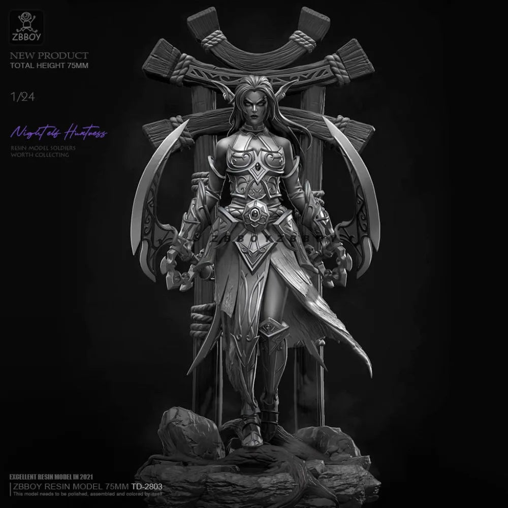 75mm Night Elf Female Hunter, Resin Model Figure Kit, Fantasy Theme, Unassembled and Unpainted