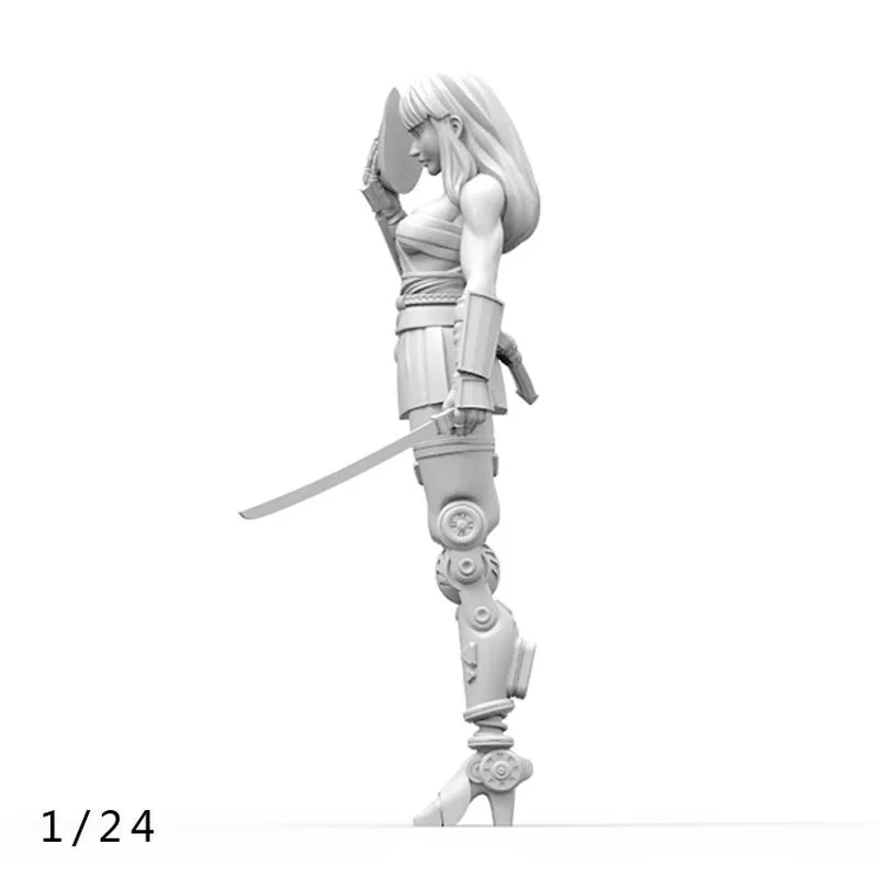 1/24 Female Warrior with Dual Katanas, Resin Model Figure Kit, Anime Theme, Unassembled and Unpainted