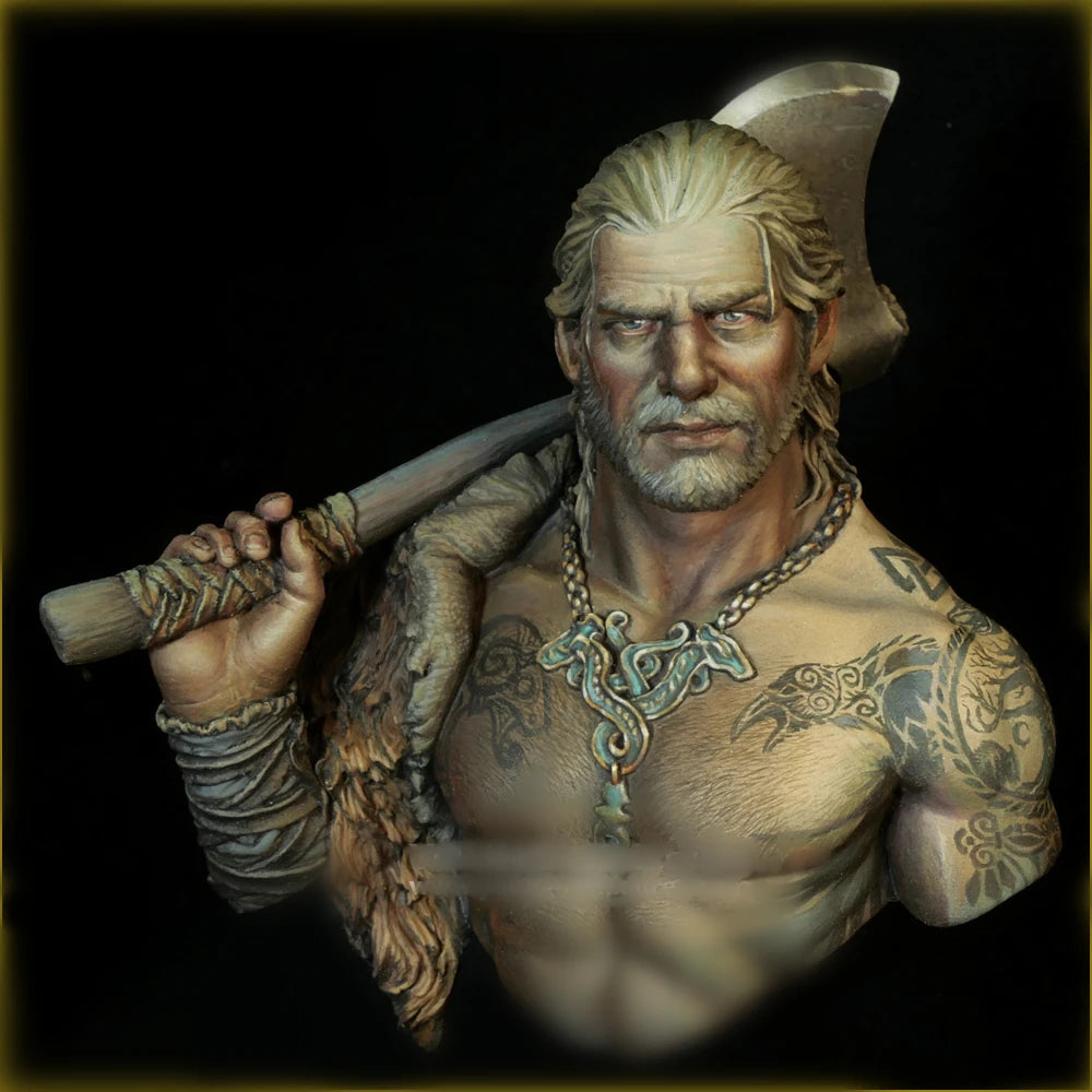 1/10 Tattooed Barbarian with Fur Cloak and Club, Resin Model Bust Kit, Fantasy Theme, Unassembled and Unpainted