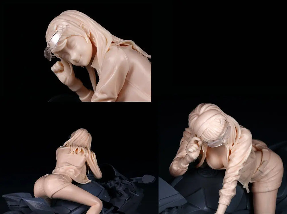 1/9 Female Biker Leaning on Motorcycle, Resin Model Figure Kit, Unassembled and Unpainted
