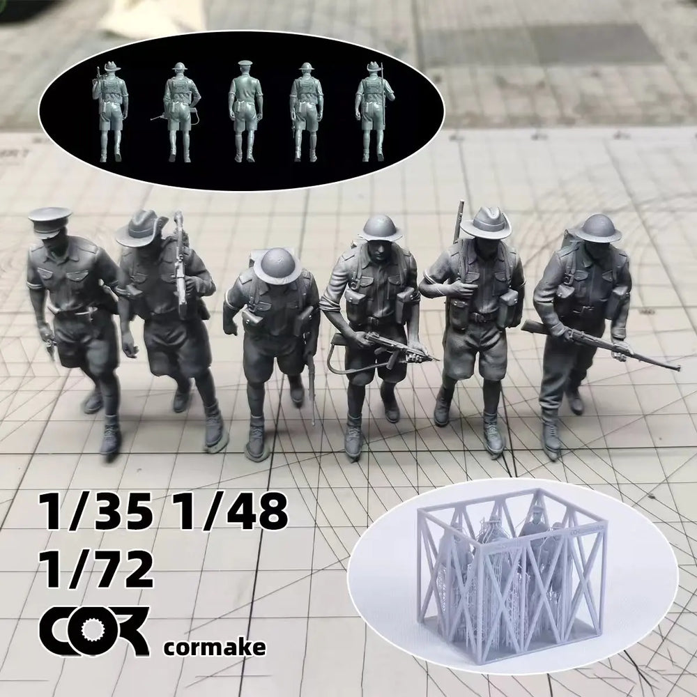 1/35 WWII British Infantry at Wooden-Lattice Fortification, 6 Figures, Resin Model Figure Kit, Unassembled and Unpainted