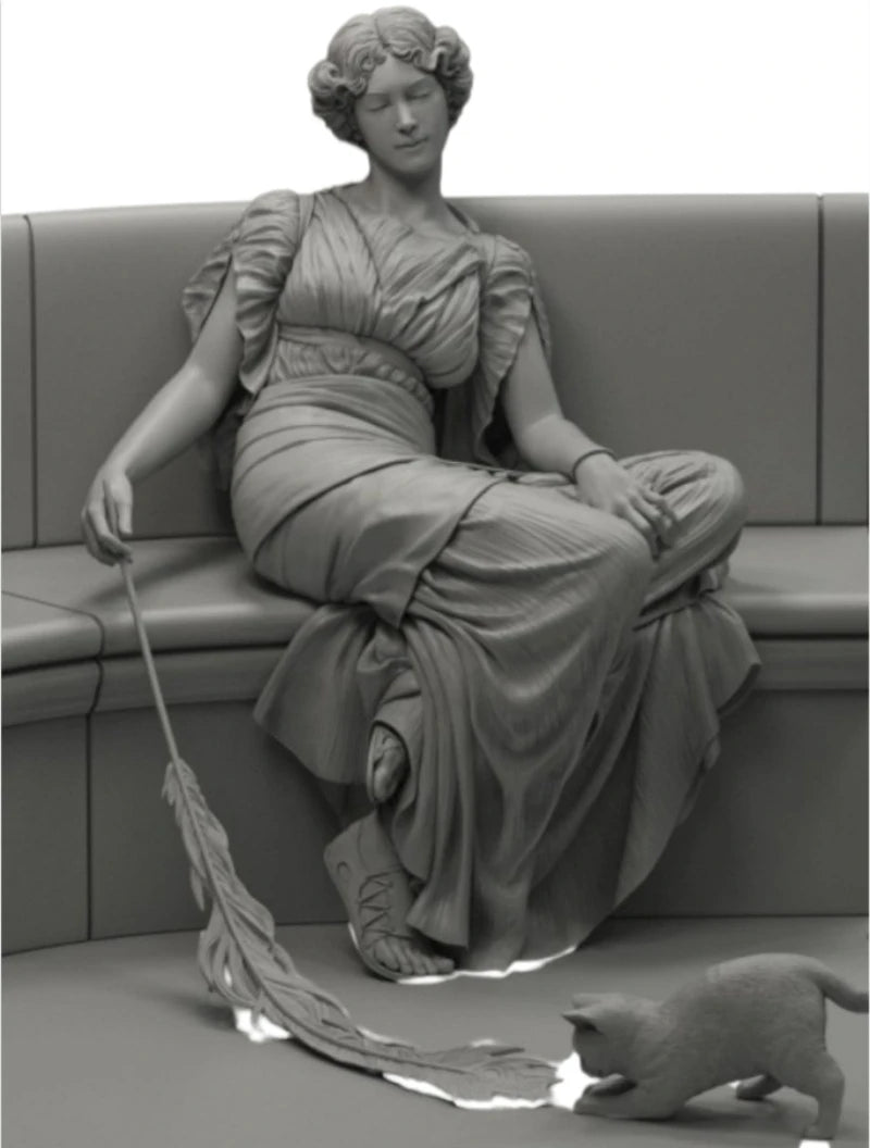 80mm Ancient Classical Female with Cat, Resin Model Figure Kit, Unassembled and Unpainted