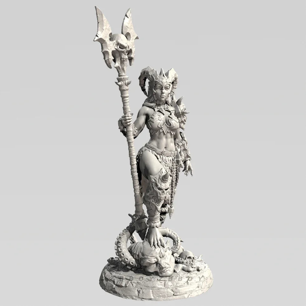 75mm Horned Demon Sorceress with Spiked Staff, Resin Model Figure Kit, Fantasy Theme, Unassembled and Unpainted