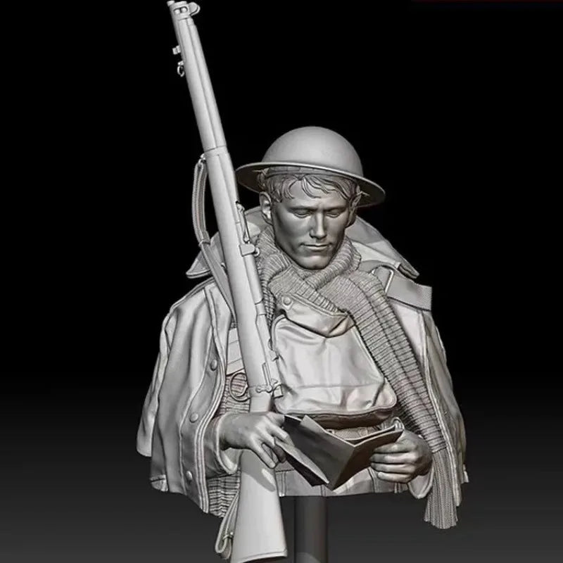1/10 WWI British Soldier Reading Map with Rifle and Gas Mask, Resin Model Bust Kit, Unassembled and Unpainted