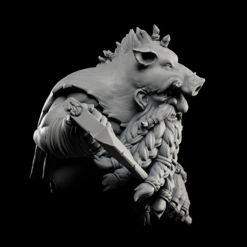 60mm Boarhead Dwarf Berserker, Resin Model Bust Kit, Fantasy Theme, Unassembled and Unpainted