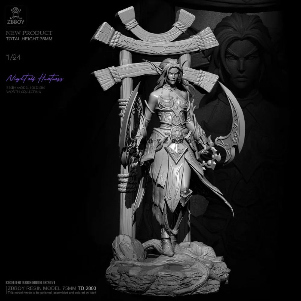 75mm Night Elf Female Hunter, Resin Model Figure Kit, Fantasy Theme, Unassembled and Unpainted