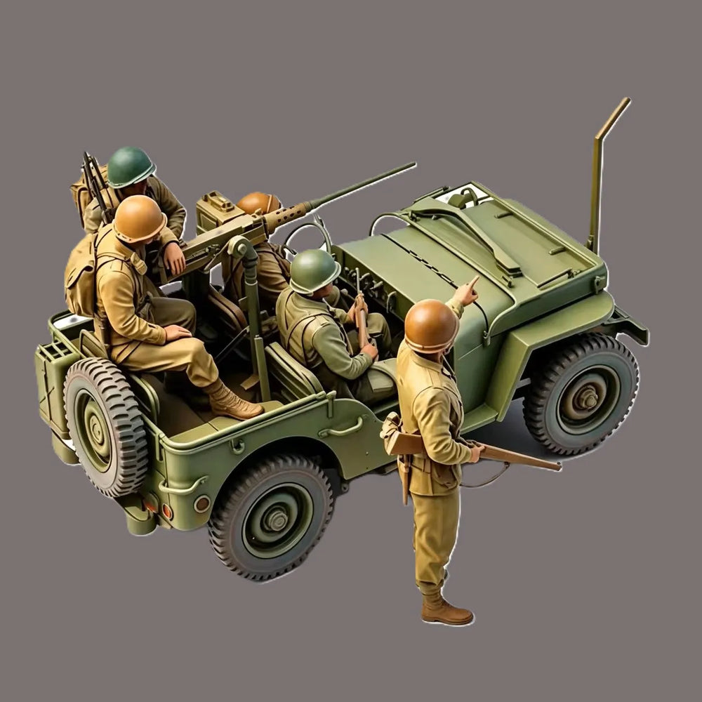 1/35 WWII Allied Soldiers with Jeep, 5 Figures, Resin Model Vehicle Kit, Unassembled and Unpainted