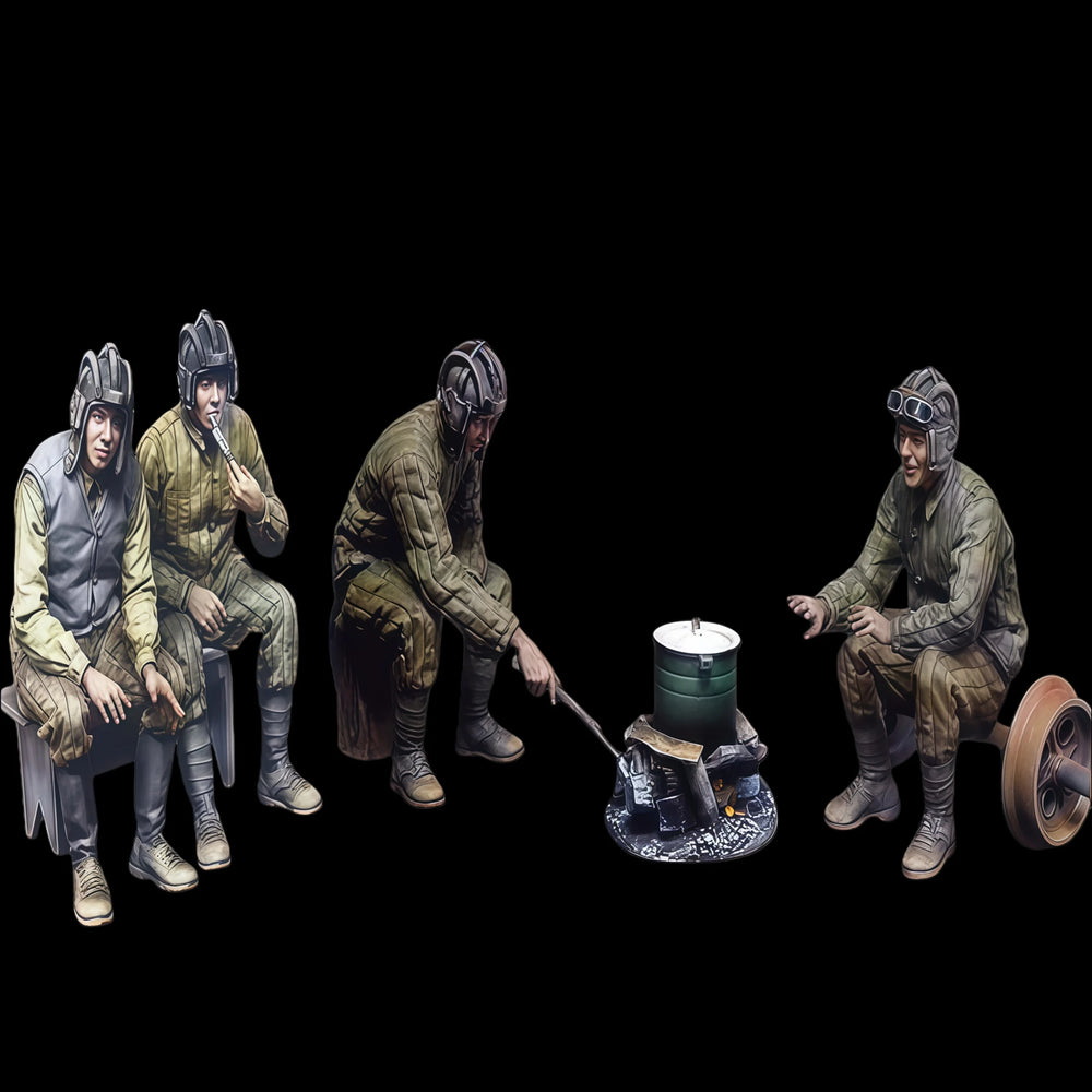 1/35 WWII Soviet Tank Crew Campfire, 4 Figures, Resin Model Figure Kit, Unassembled and Unpainted