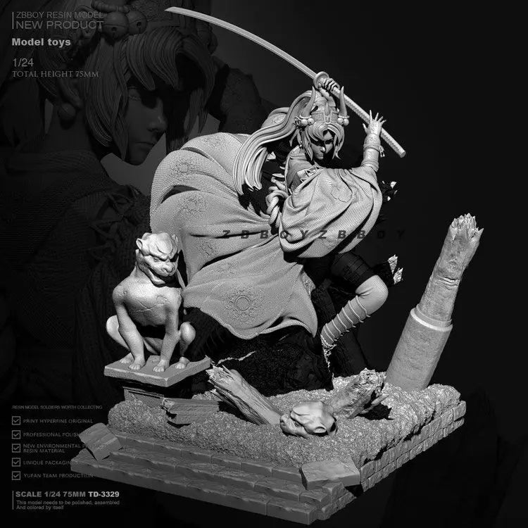 1/24 Long-Haired Warrior with Curved Blade and Ornate Armor, Resin Model Figure Kit, Fantasy Theme, Unassembled and Unpainted