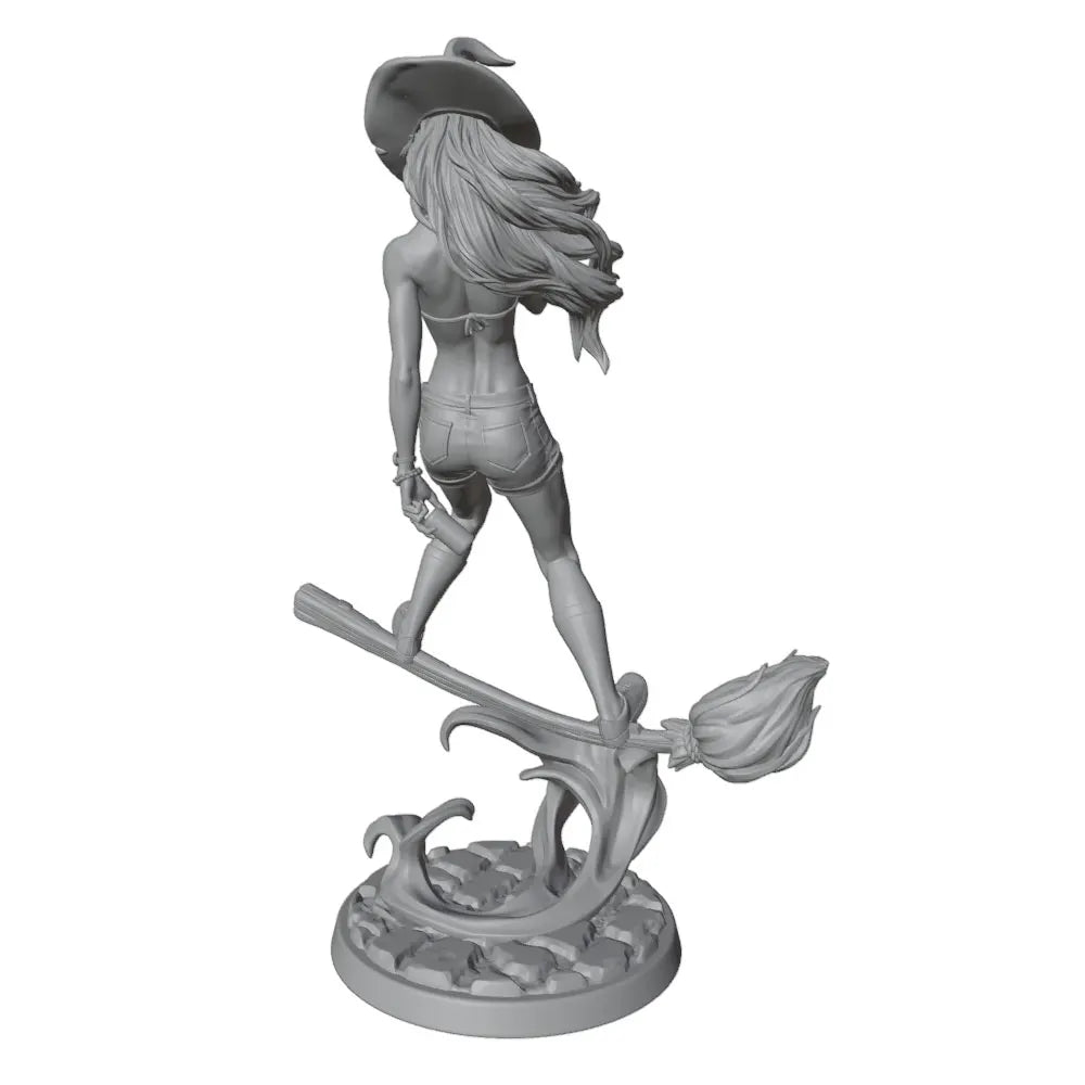 75mm Witch on Broomstick with Imp Familiar, Resin Model Figure Kit, Fantasy Theme, Unassembled and Unpainted