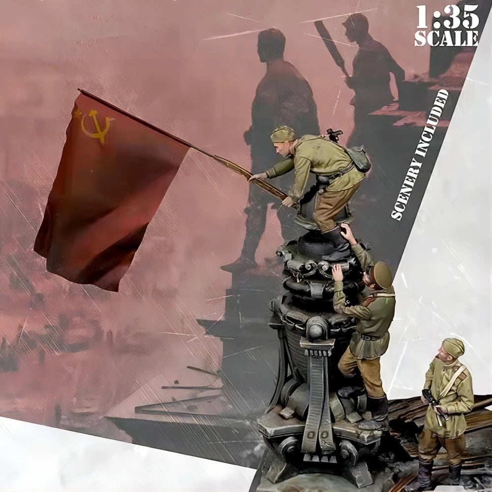 1/35 WWII Soviet Red Army with Flag, 3 Figures, Resin Model Figure Kit, Unassembled and Unpainted