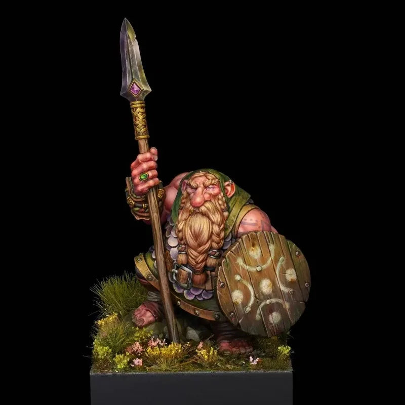 60mm Blonde Dwarf Spearman with Decorated Shield, Resin Model Figure Kit, Fantasy Theme, Unassembled and Unpainted