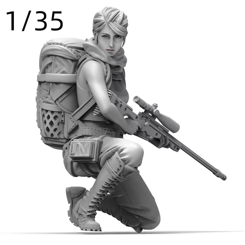 1/35 Modern Female Tactical Sniper Kneeling Stance, Resin Model Figure Kit, Unassembled and Unpainted
