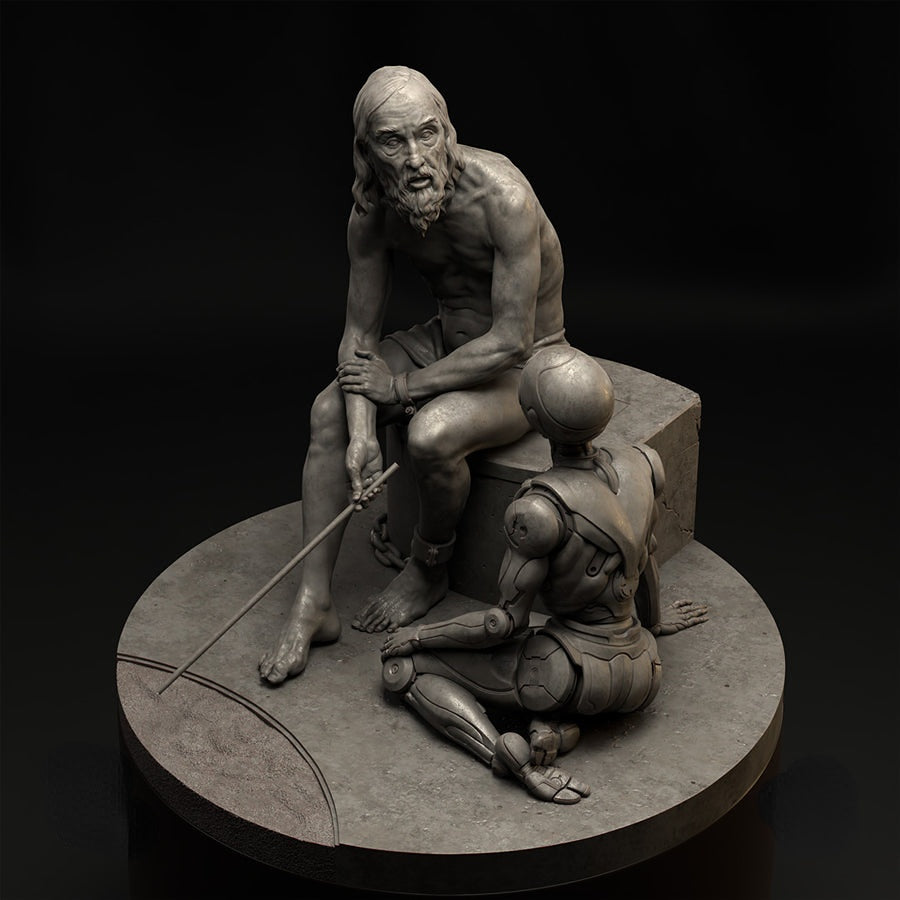 1/24 Future Old Man & Robot Conversation, 2 Figures, Resin Model Diorama Kit, Fantasy Theme, Unassembled and Unpainted