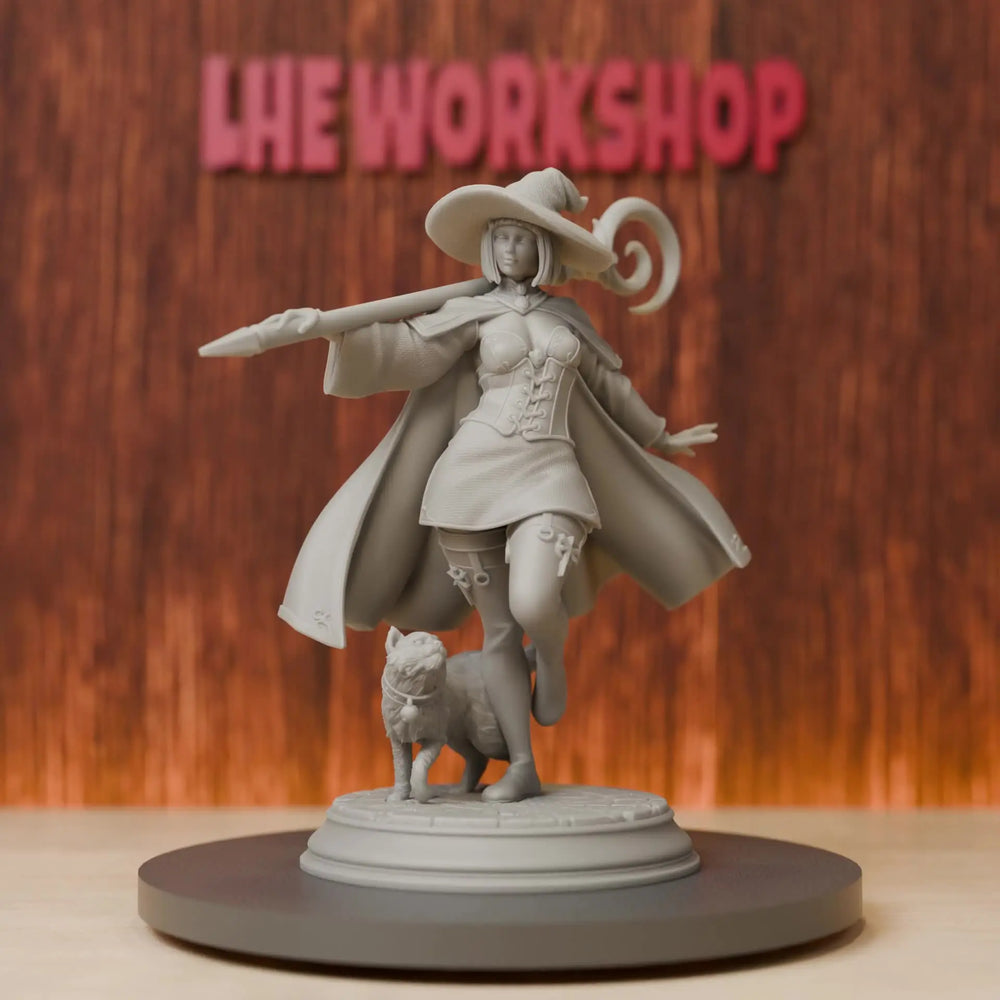 75mm Witch & Familiar Cat, 2 Figures, Resin Model Figure Kit, Fantasy Theme, Unassembled and Unpainted