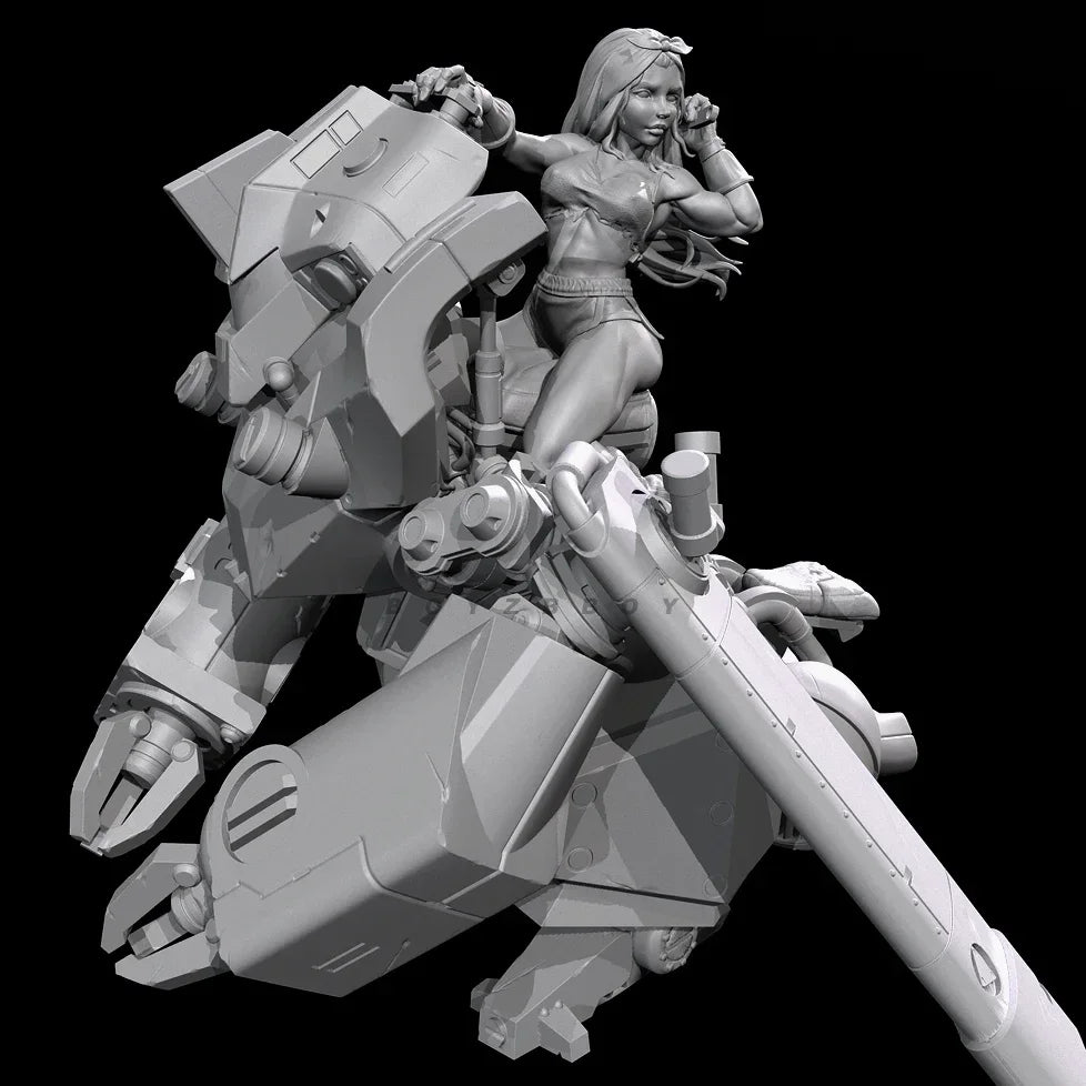 85mm Pinup Female Warrior & Mecha, 2 Figures, Resin Model Figure Kit, Unassembled and Unpainted