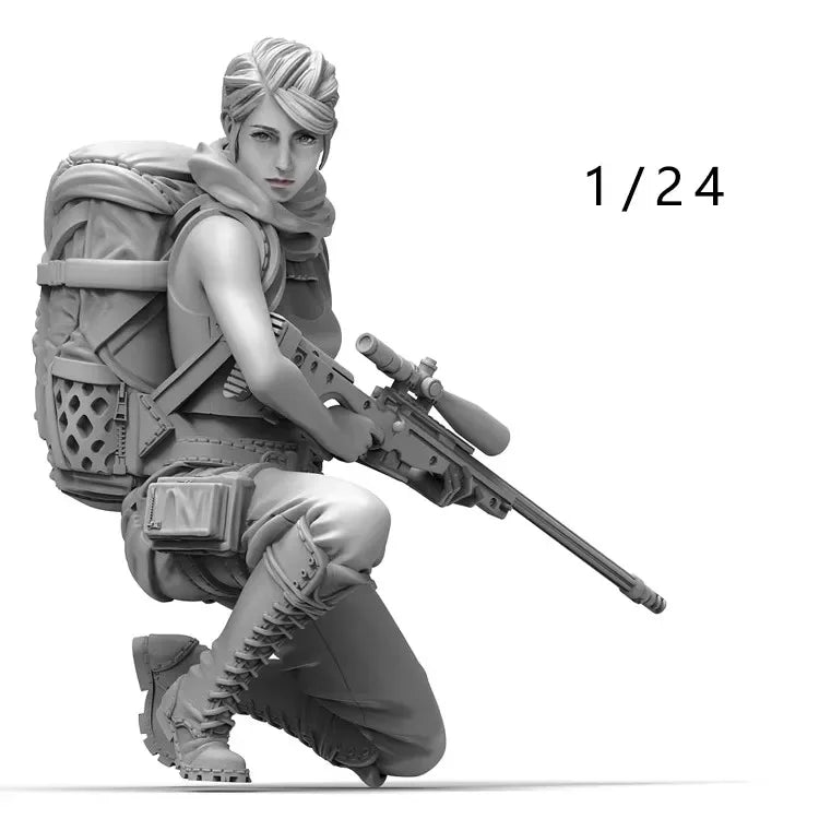 1/35 Modern Female Tactical Sniper Kneeling Stance, Resin Model Figure Kit, Unassembled and Unpainted