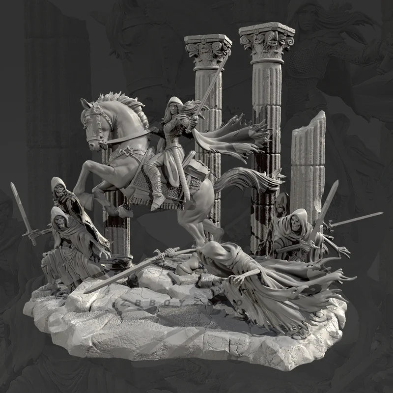 75mm Medieval Female Knight, 7 Figures, Resin Model Diorama Kit, Unassembled and Unpainted