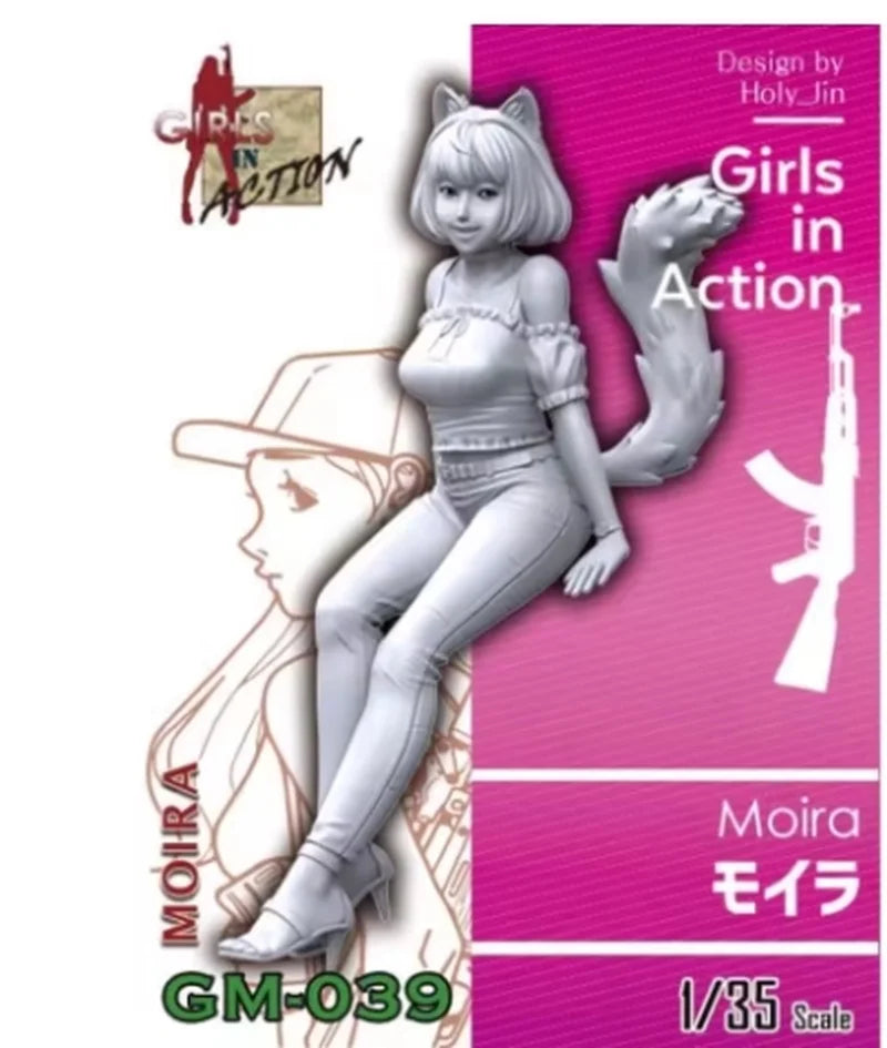 1/35 Action Girl with Fox Companion, Resin Model Figure Kit, Anime Theme, Unassembled and Unpainted