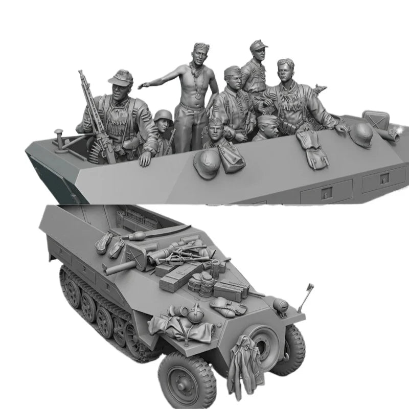 1/35 WWII German Half-Track Crew, 8 Figures, Resin Model Figure Kit, Unassembled and Unpainted