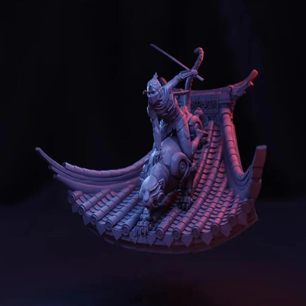 1/24 Curved-Horn Demon on Ribbed Base, Resin Model Figure Kit, Fantasy Theme, Unassembled and Unpainted
