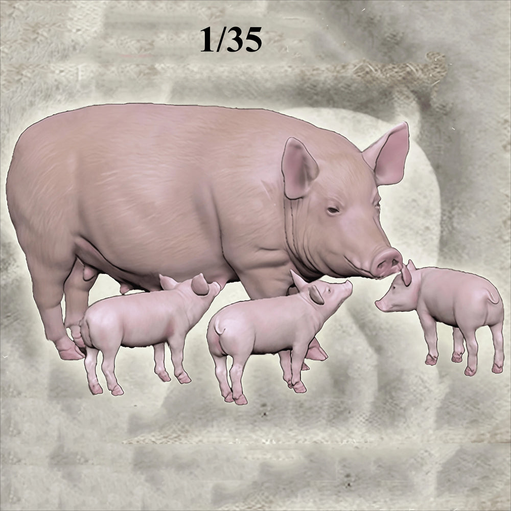 1/35 Pig with Piglets, 4 Figures, Resin Model Creature Kit, Wildlife Theme, Unassembled and Unpainted